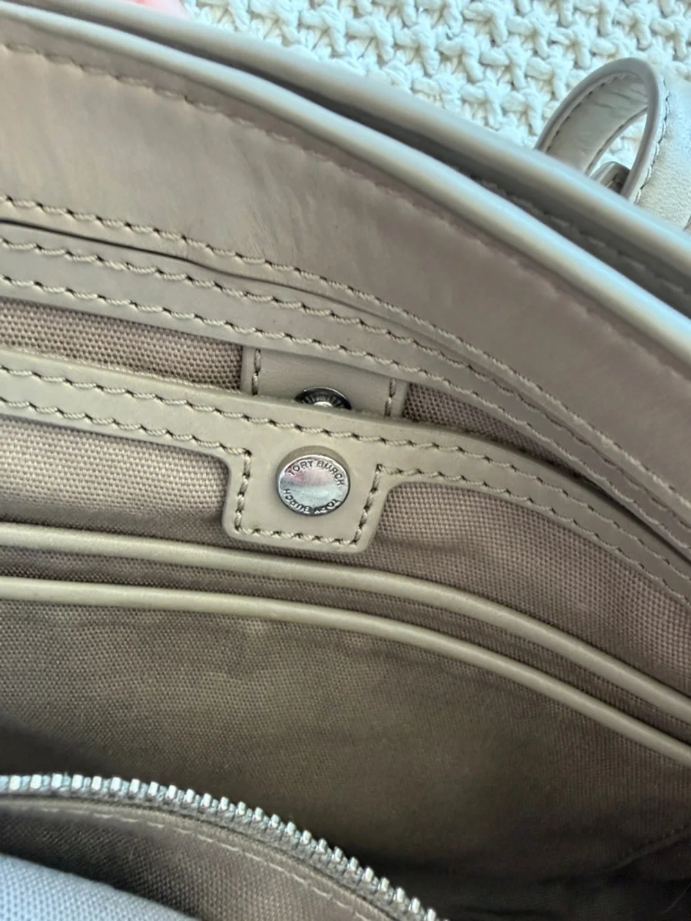Tory Burch Pebbled Light Gray/taupe Leather Crossbody with magnetic closure